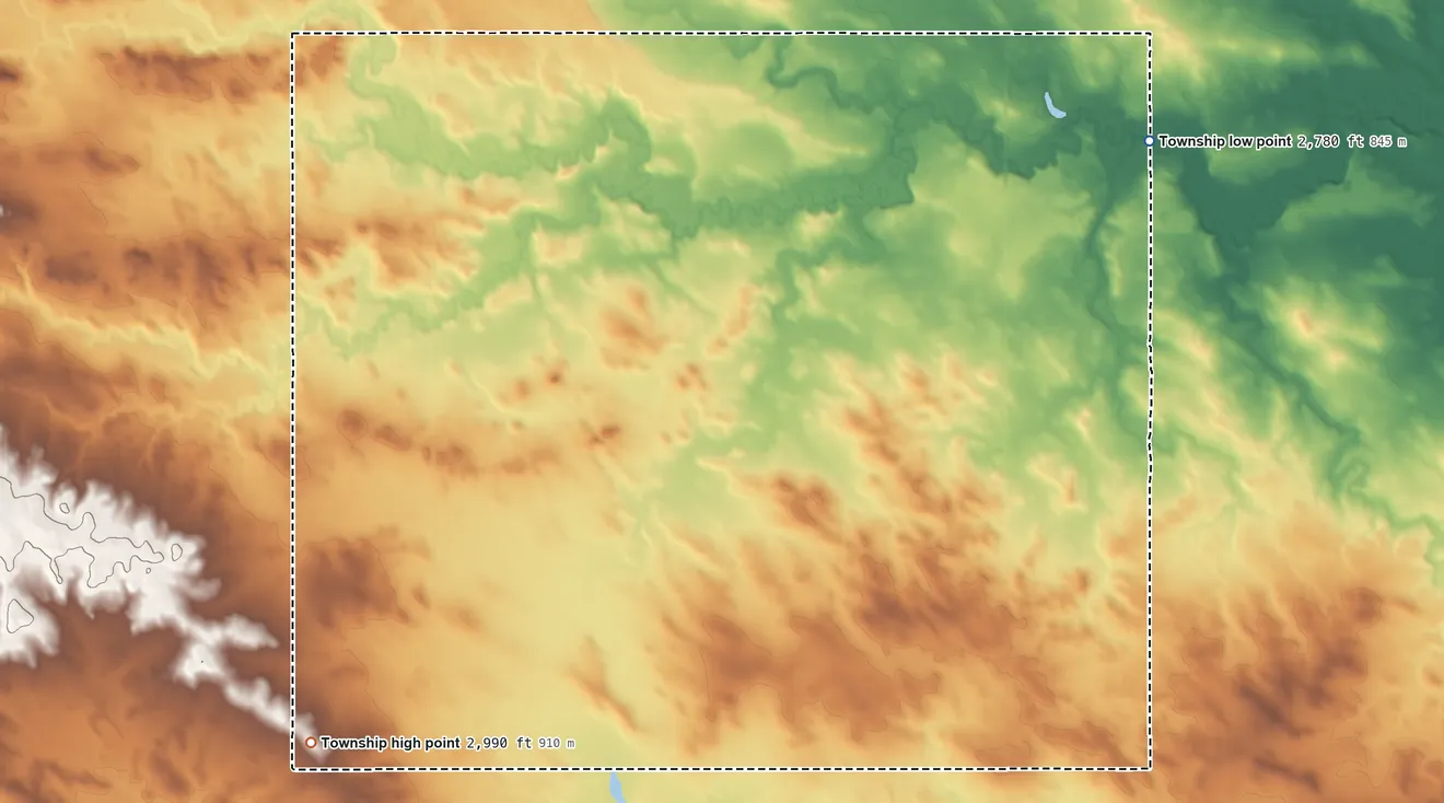 Topographic elevation map of Stillwater Township, North Dakota, shaded from 2,780 ft on the northeast side to 2,990 ft on the southwest side