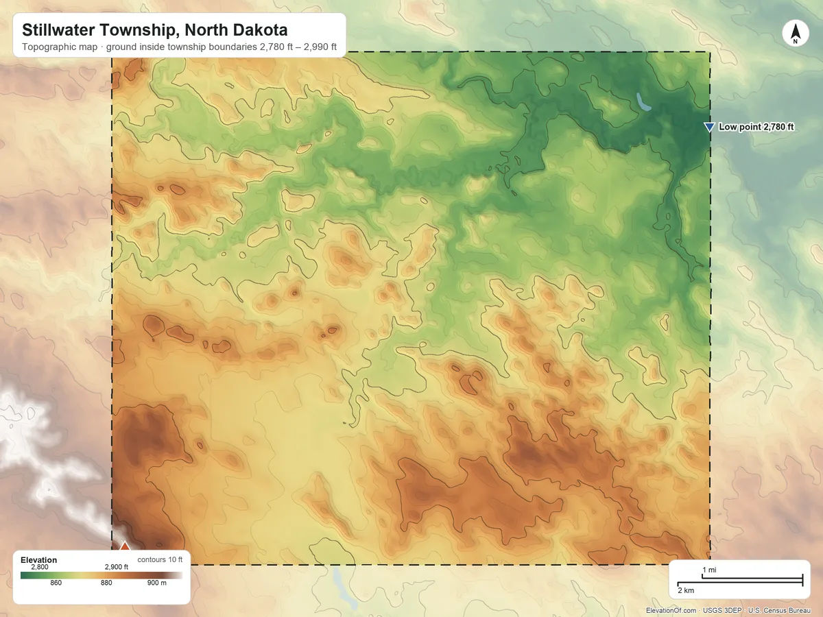 Topographic elevation map of Stillwater Township, North Dakota, shaded from 2,780 ft on the northeast side to 2,990 ft on the southwest side