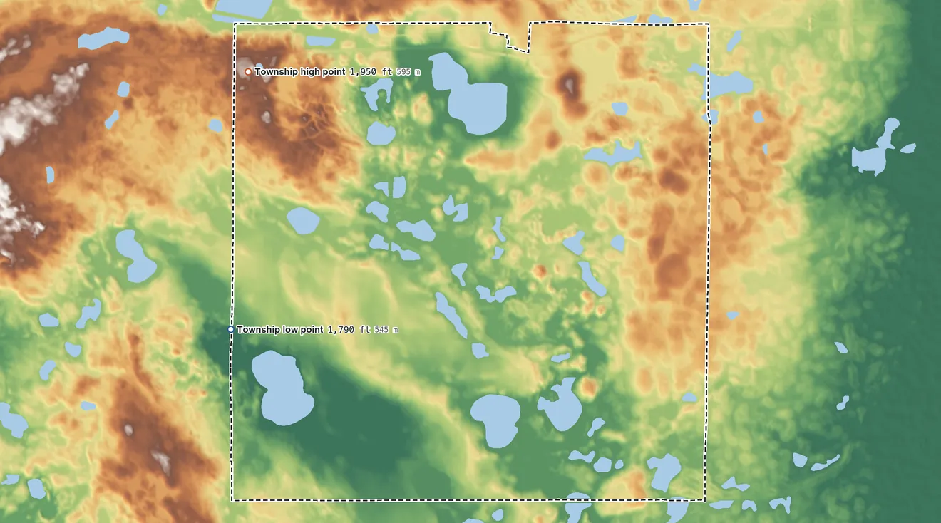 Topographic elevation map of Stirton Township, North Dakota, shaded from 1,790 ft on the southwest side to 1,950 ft on the northwest side