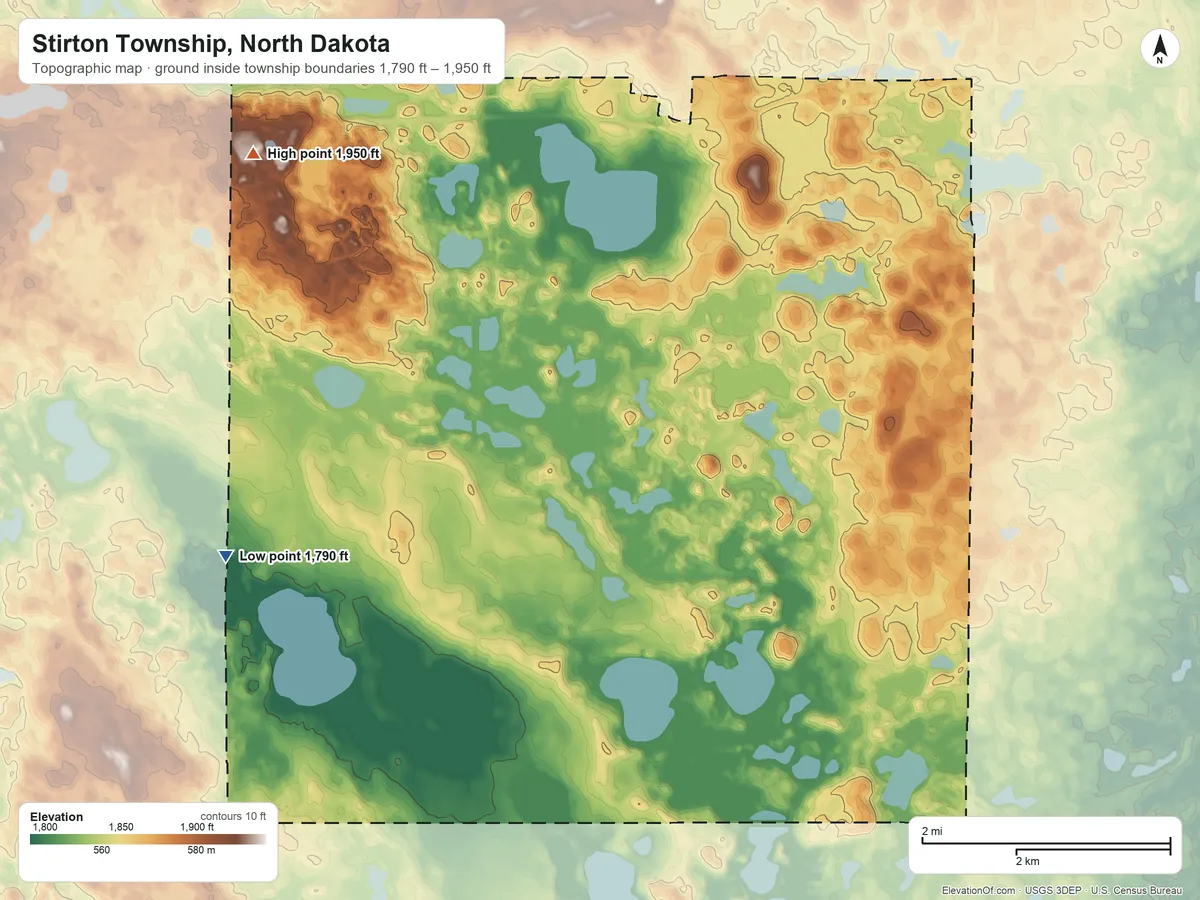 Topographic elevation map of Stirton Township, North Dakota, shaded from 1,790 ft on the southwest side to 1,950 ft on the northwest side