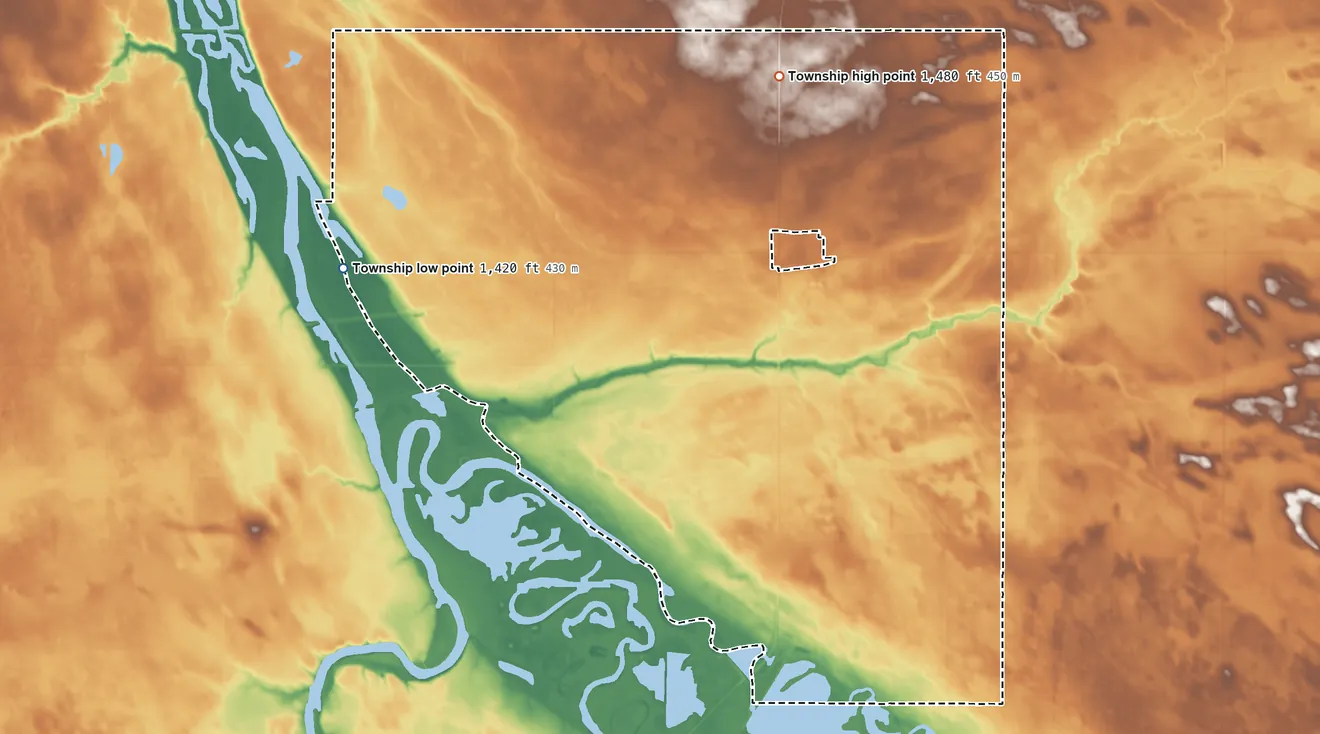 Topographic elevation map of Stone Creek Township, North Dakota, shaded from 1,420 ft on the northwest side to 1,480 ft on the north side