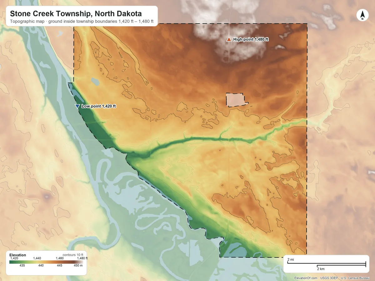 Topographic elevation map of Stone Creek Township, North Dakota, shaded from 1,420 ft on the northwest side to 1,480 ft on the north side