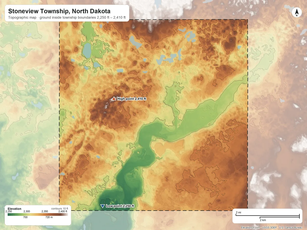 Topographic elevation map of Stoneview Township, North Dakota, shaded from 2,250 ft on the southwest side to 2,410 ft on the northwest side