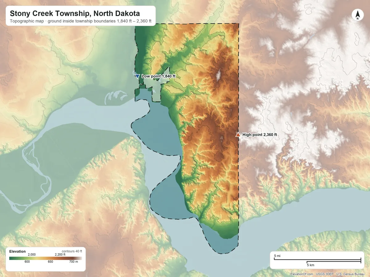 Topographic elevation map of Stony Creek Township, North Dakota, shaded from 1,840 ft on the west side to 2,360 ft on the southeast side