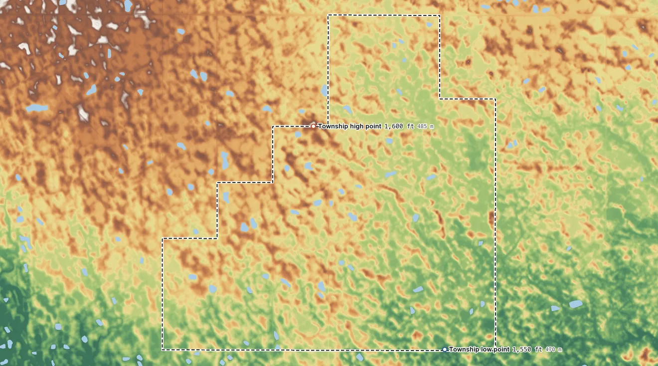 Topographic elevation map of Storlie Township, North Dakota, shaded from 1,550 ft on the southeast side to 1,600 ft on the northeast side