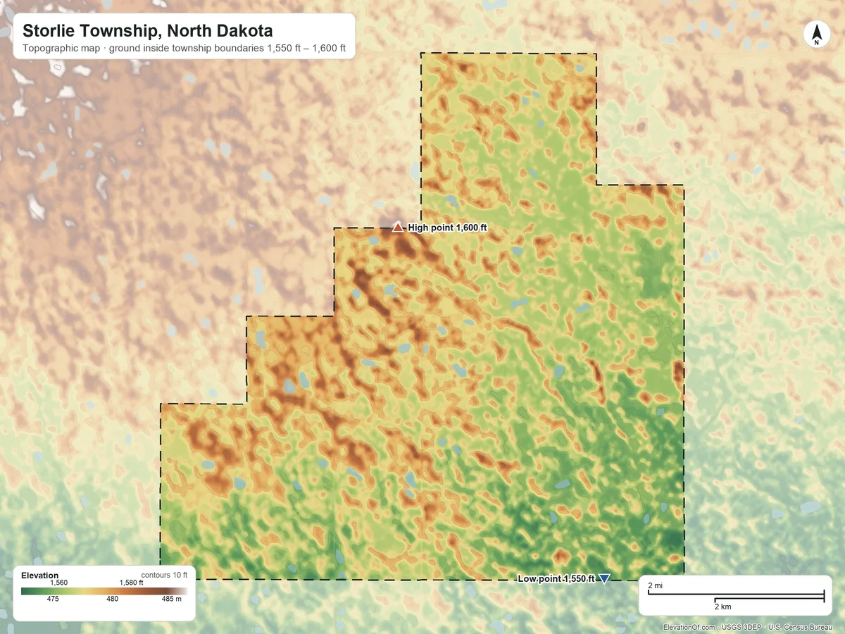 Topographic elevation map of Storlie Township, North Dakota, shaded from 1,550 ft on the southeast side to 1,600 ft on the northeast side