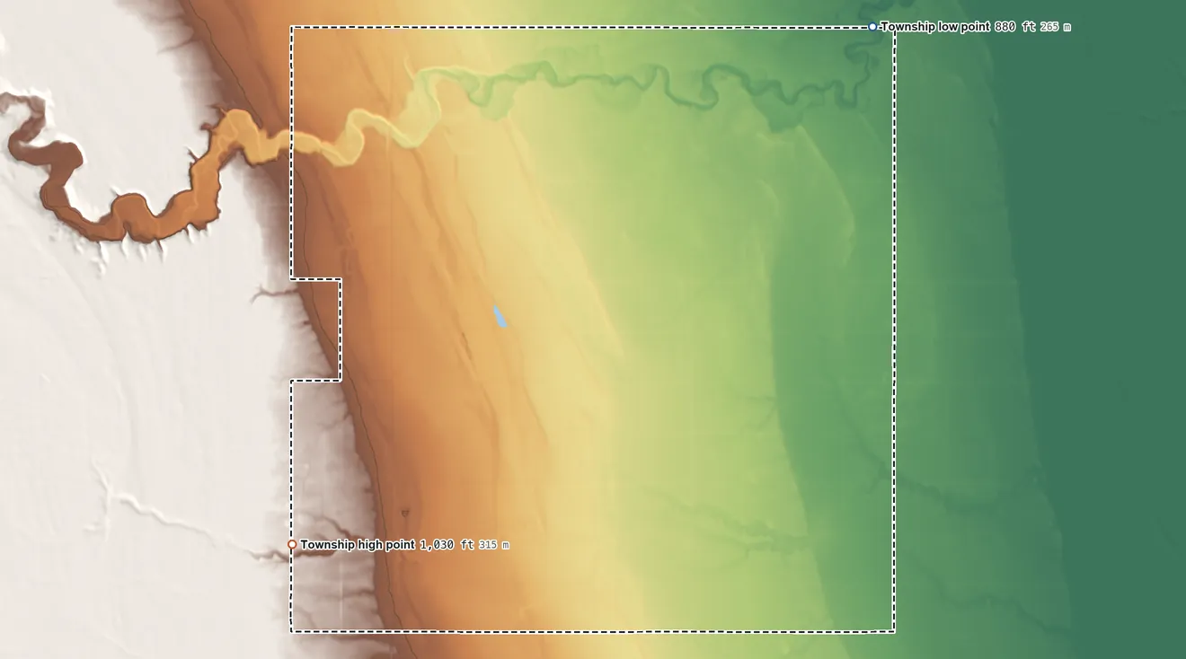 Topographic elevation map of Strabane Township, North Dakota, shaded from 880 ft on the northeast side to 1,030 ft on the southwest side