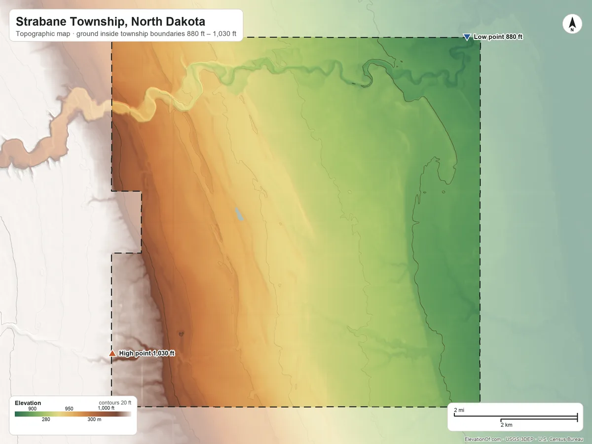 Topographic elevation map of Strabane Township, North Dakota, shaded from 880 ft on the northeast side to 1,030 ft on the southwest side