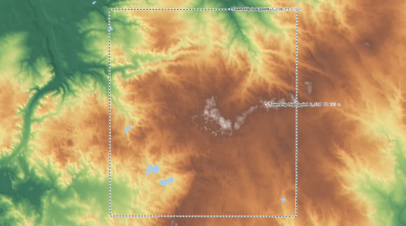Topographic elevation map of Strandahl Township, North Dakota, shaded from 2,210 ft on the north side to 2,510 ft on the east side
