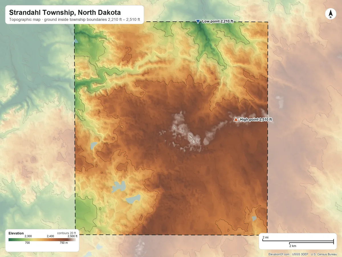 Topographic elevation map of Strandahl Township, North Dakota, shaded from 2,210 ft on the north side to 2,510 ft on the east side