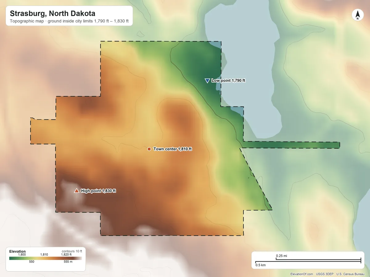 Topographic elevation map of Strasburg, North Dakota, shaded from 1,790 ft on the northeast side to 1,830 ft on the southwest side