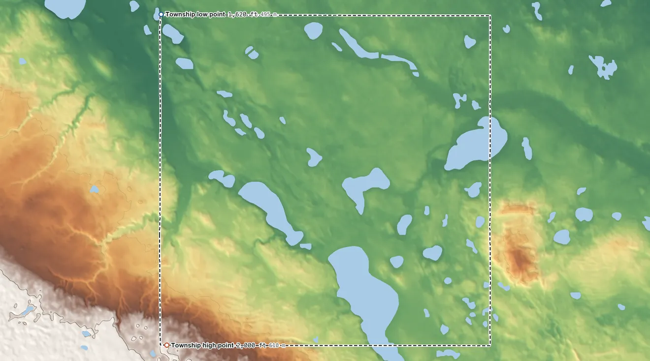 Topographic elevation map of Strassburg Township, North Dakota, shaded from 1,620 ft on the west side to 2,000 ft on the southwest side