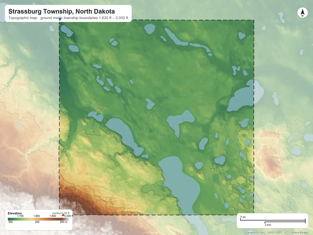 Topographic elevation map of Strassburg Township, North Dakota, shaded from 1,620 ft on the west side to 2,000 ft on the southwest side