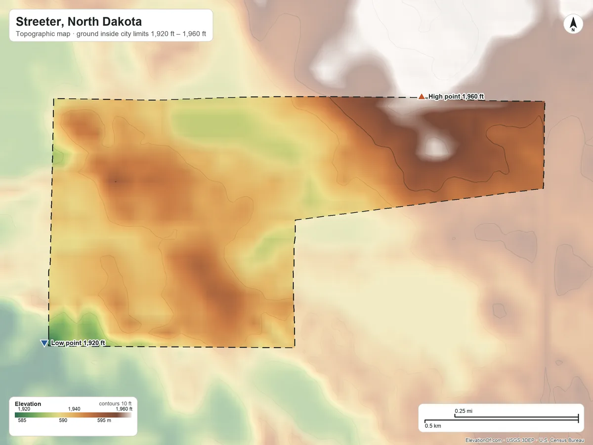 Topographic elevation map of Streeter, North Dakota, shaded from 1,920 ft on the southwest side to 1,960 ft on the northeast side