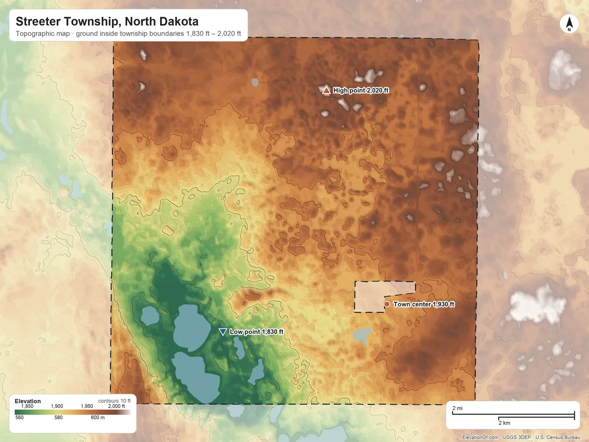 Topographic elevation map of Streeter Township, North Dakota, shaded from 1,830 ft on the west side to 2,020 ft on the north side