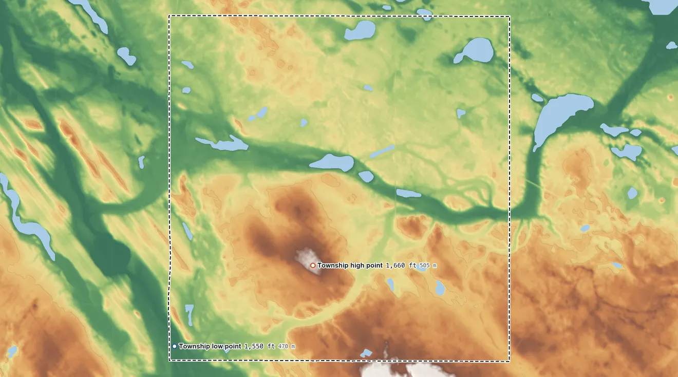 Topographic elevation map of Strege Township, North Dakota, shaded from 1,550 ft on the southwest side to 1,660 ft on the southwest side