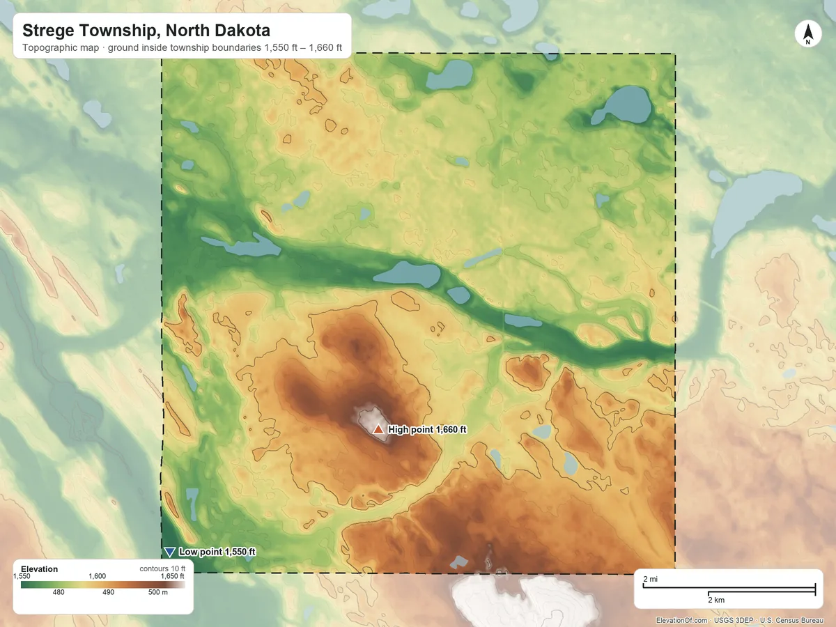 Topographic elevation map of Strege Township, North Dakota, shaded from 1,550 ft on the southwest side to 1,660 ft on the southwest side