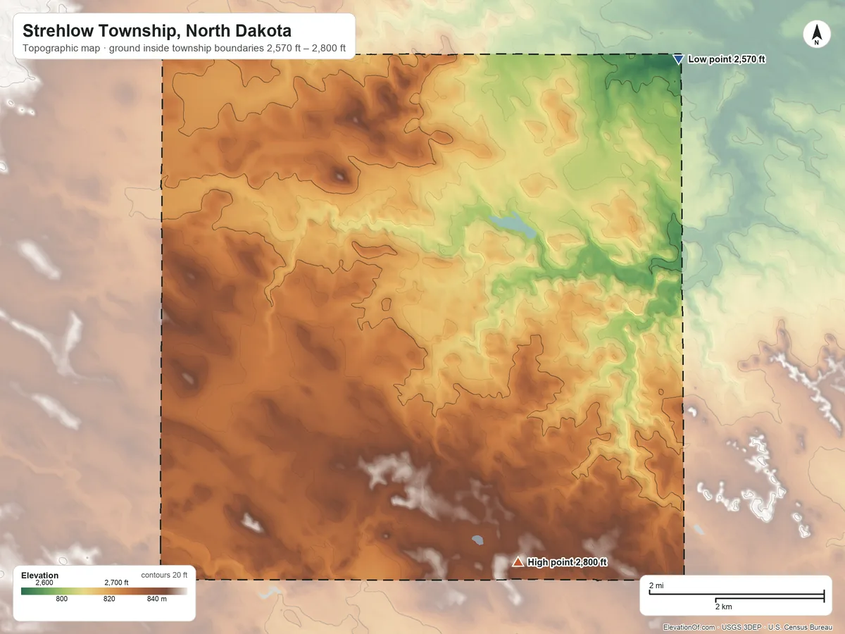 Topographic elevation map of Strehlow Township, North Dakota, shaded from 2,570 ft on the northeast side to 2,800 ft on the southeast side