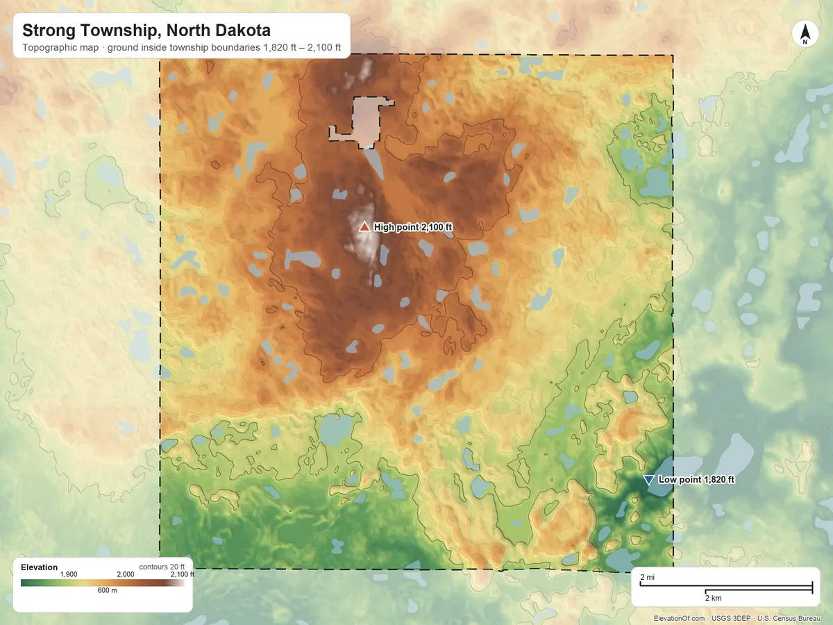 Topographic elevation map of Strong Township, North Dakota, shaded from 1,820 ft on the east side to 2,100 ft on the northeast side