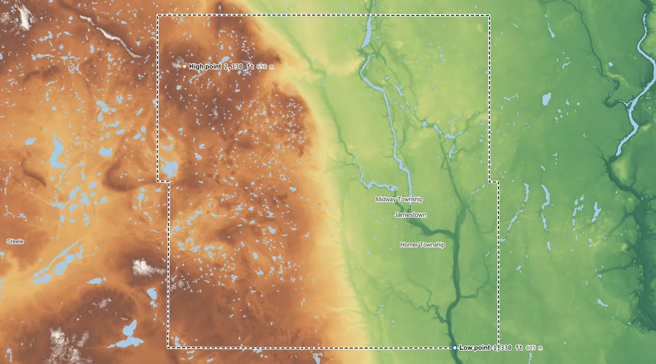 Topographic elevation map of Stutsman County, North Dakota, shaded from 1,330 ft on the southeast side to 2,130 ft on the northwest side