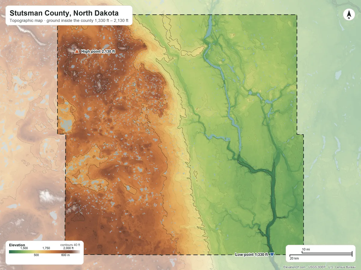 Topographic elevation map of Stutsman County, North Dakota, shaded from 1,330 ft on the southeast side to 2,130 ft on the northwest side