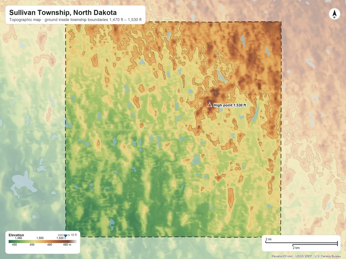 Topographic elevation map of Sullivan Township, North Dakota, shaded from 1,470 ft on the southwest side to 1,530 ft on the northeast side