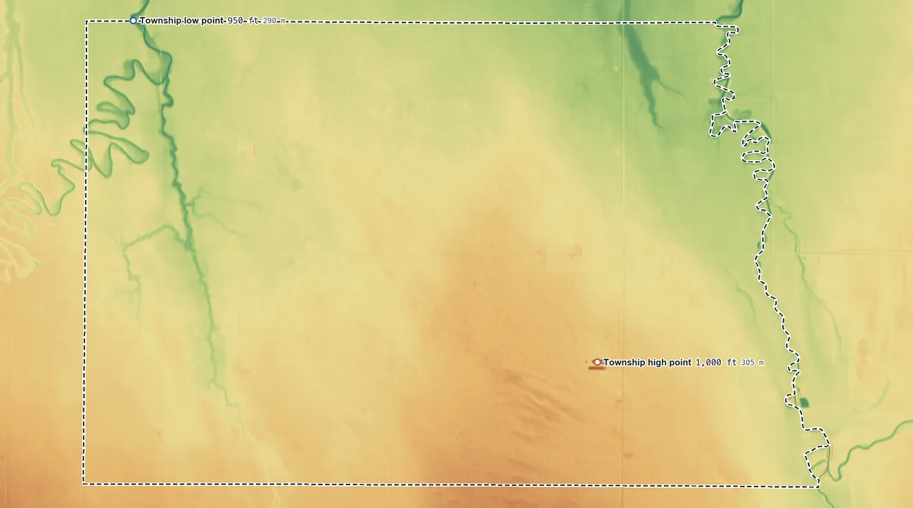 Topographic elevation map of Summit Township, North Dakota, shaded from 950 ft on the northwest side to 1,000 ft on the southeast side