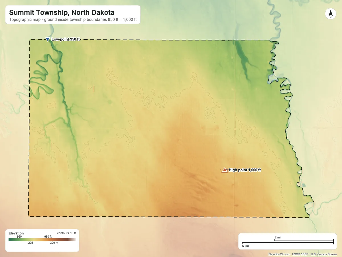 Topographic elevation map of Summit Township, North Dakota, shaded from 950 ft on the northwest side to 1,000 ft on the southeast side