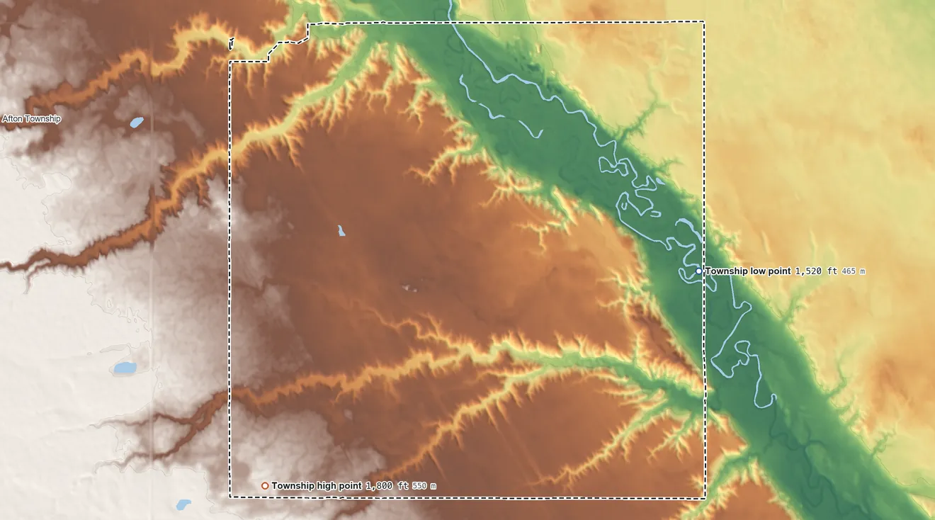 Topographic elevation map of Sundre Township, North Dakota, shaded from 1,520 ft on the east side to 1,800 ft on the southwest side