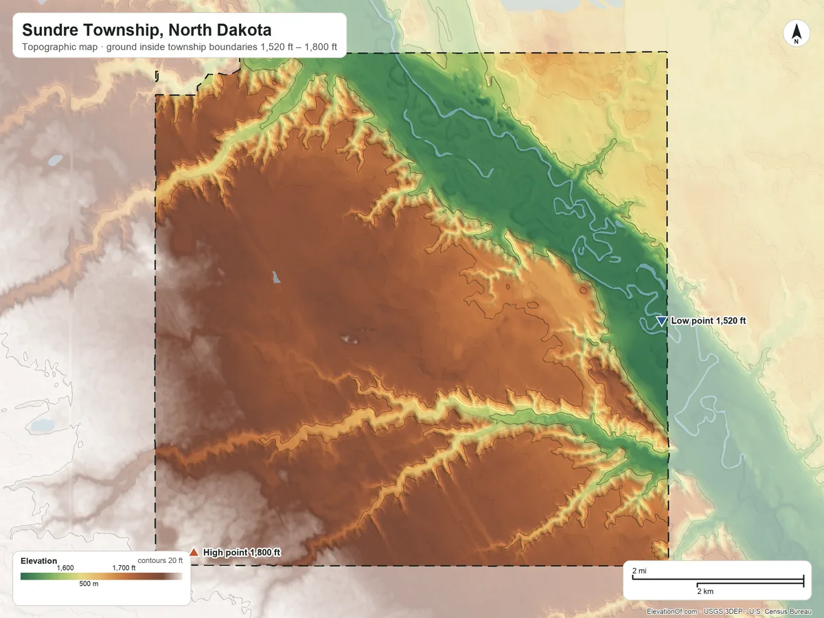 Topographic elevation map of Sundre Township, North Dakota, shaded from 1,520 ft on the east side to 1,800 ft on the southwest side