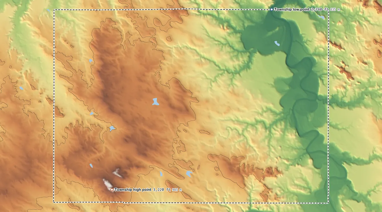 Topographic elevation map of Sunny Slope Township, North Dakota, shaded from 2,740 ft on the northeast side to 3,220 ft on the southwest side
