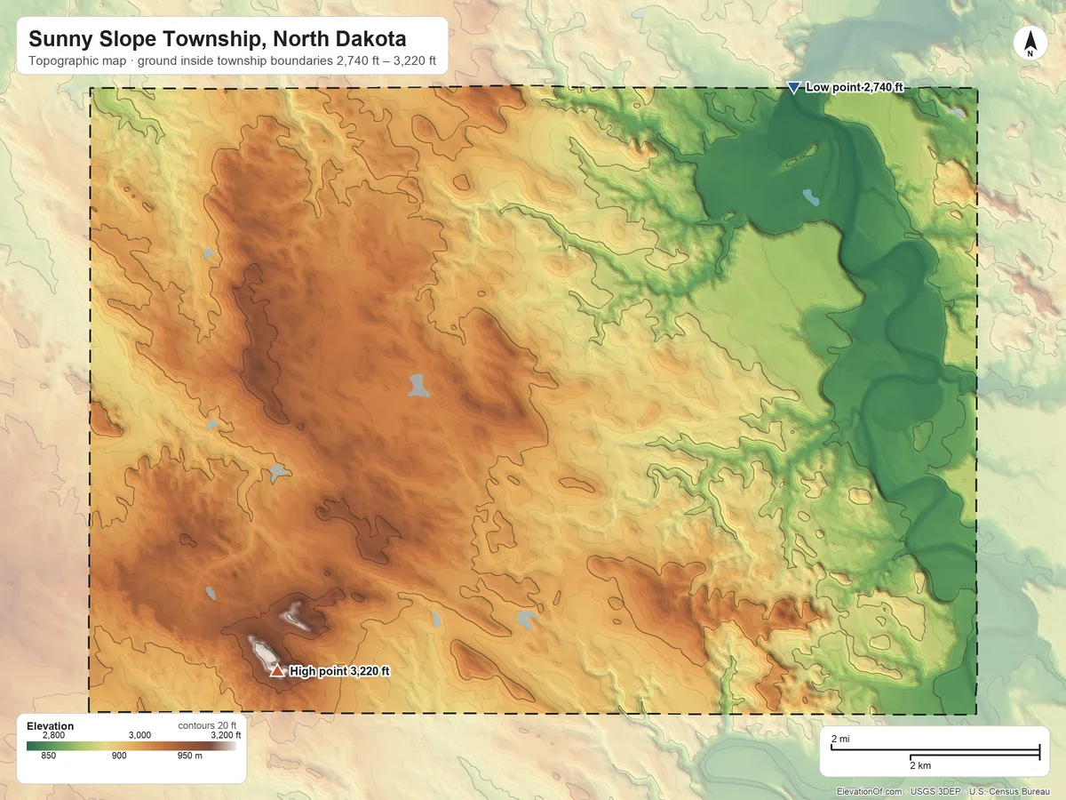 Topographic elevation map of Sunny Slope Township, North Dakota, shaded from 2,740 ft on the northeast side to 3,220 ft on the southwest side
