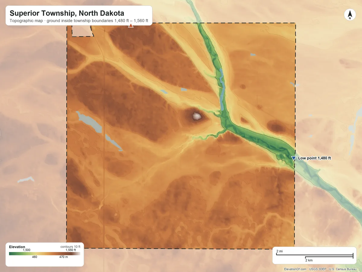 Topographic elevation map of Superior Township, North Dakota, shaded from 1,480 ft on the east side to 1,560 ft on the north side