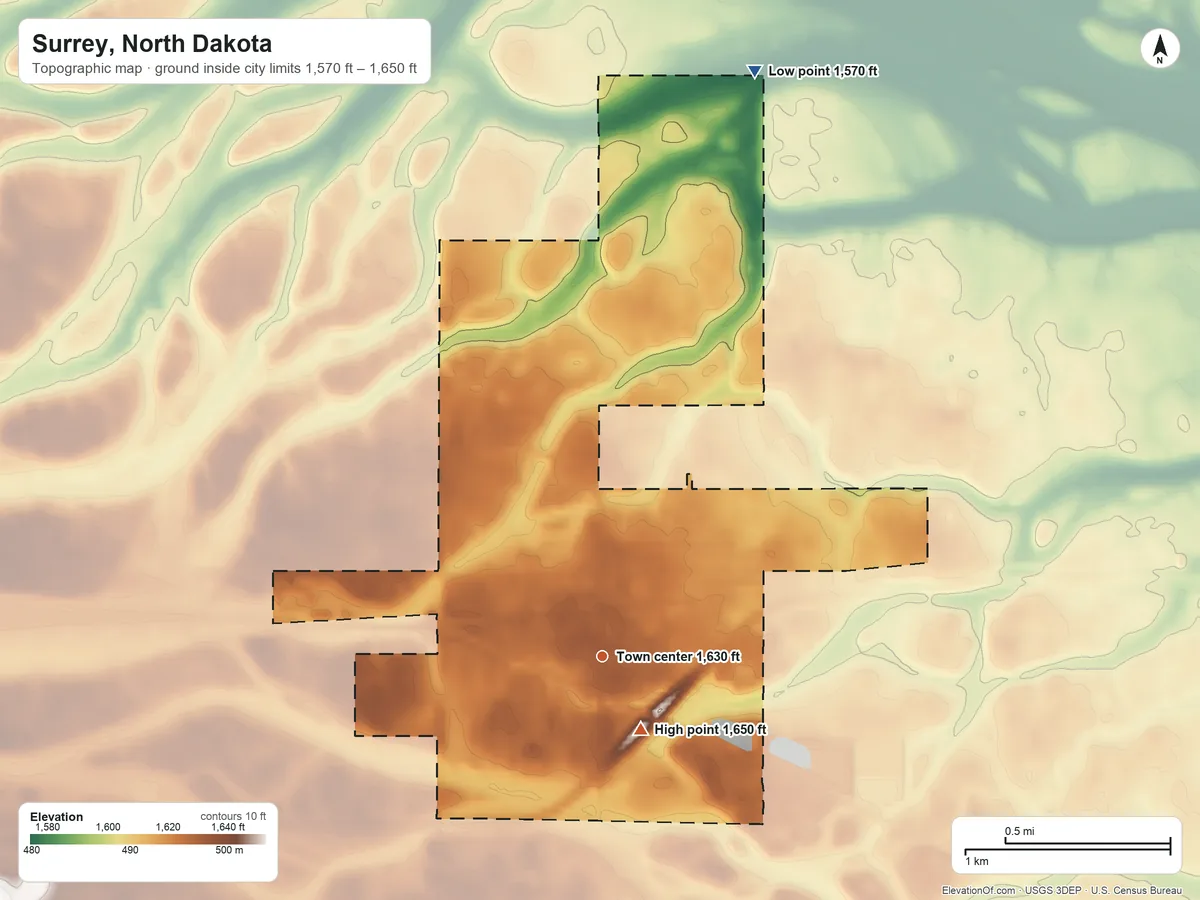 Topographic elevation map of Surrey, North Dakota, shaded from 1,570 ft on the north side to 1,650 ft near the middle