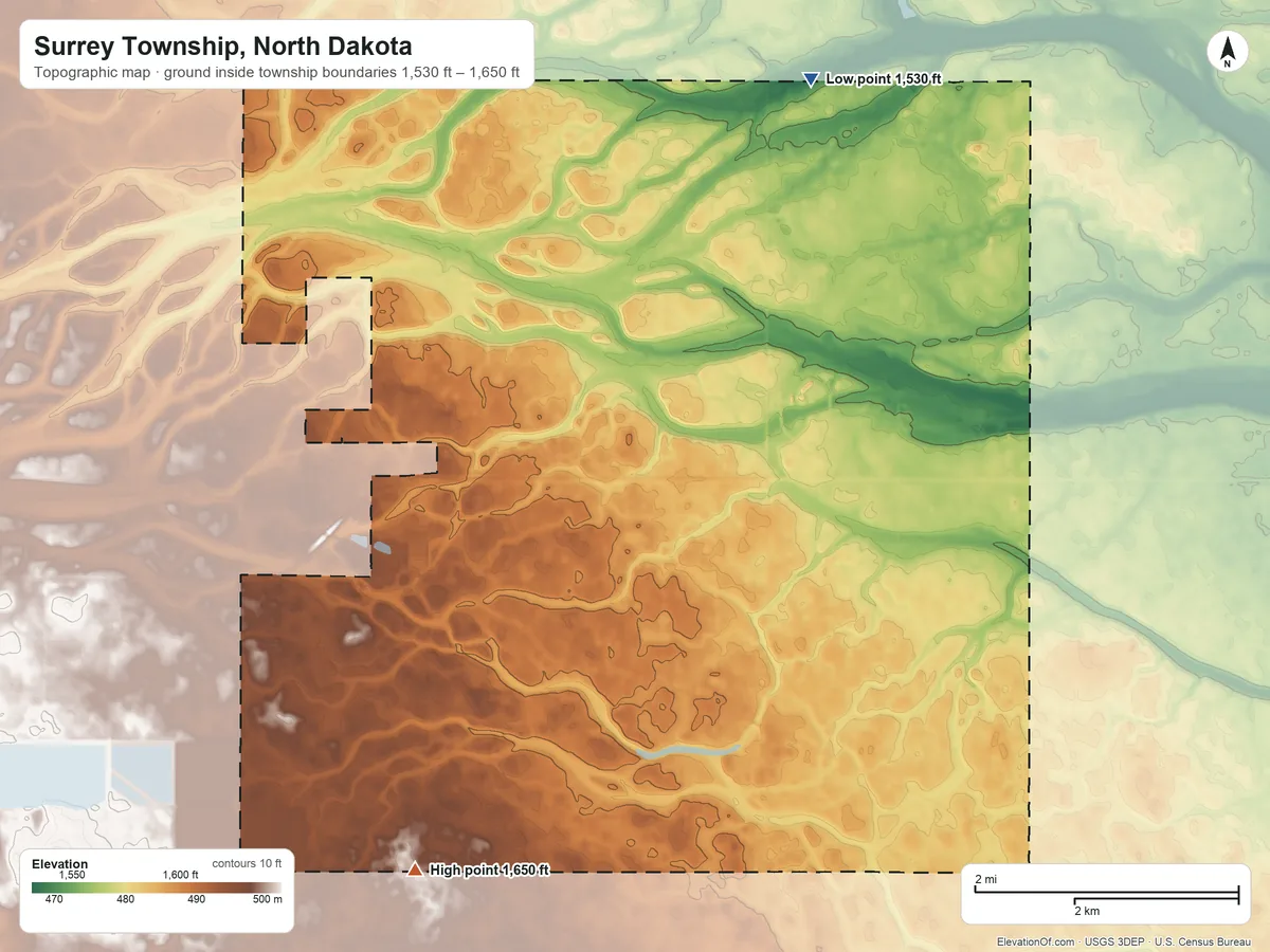Topographic elevation map of Surrey Township, North Dakota, shaded from 1,530 ft on the northeast side to 1,650 ft on the south side