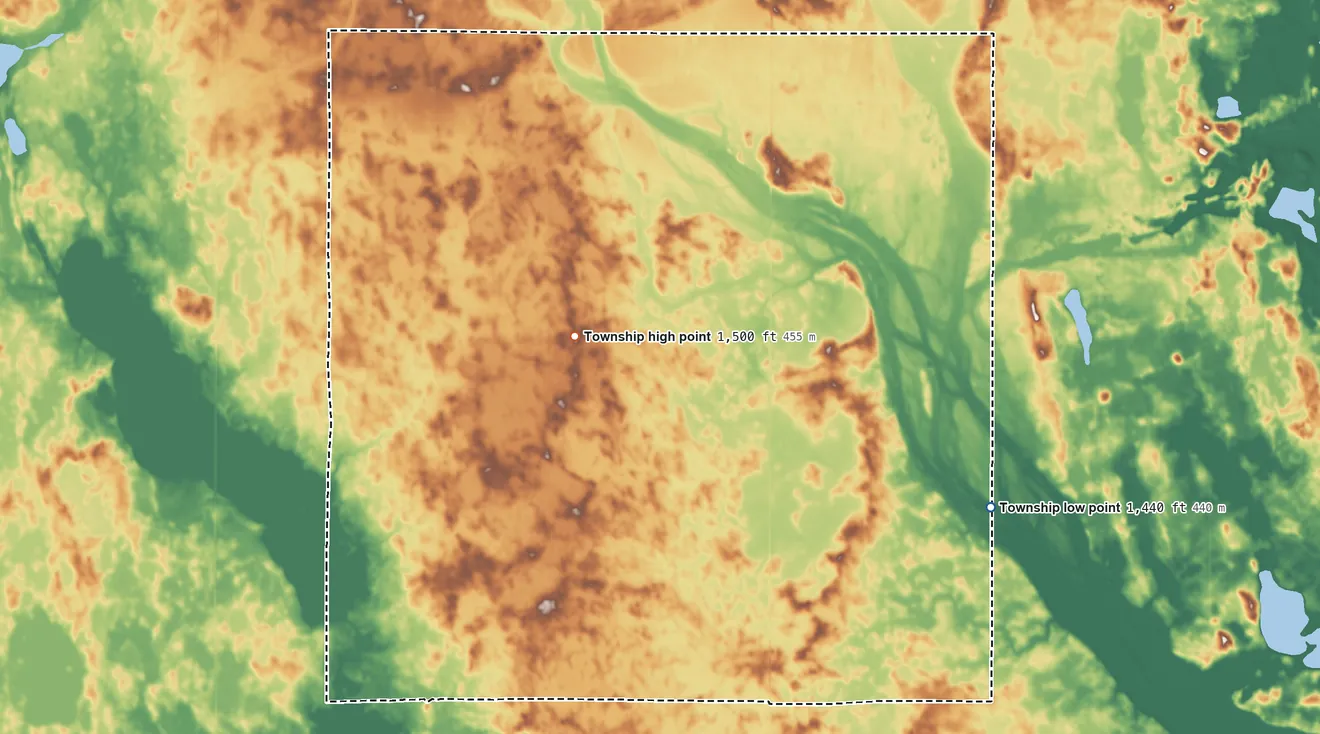Topographic elevation map of Svea Township, North Dakota, shaded from 1,440 ft on the east side to 1,500 ft on the northwest side