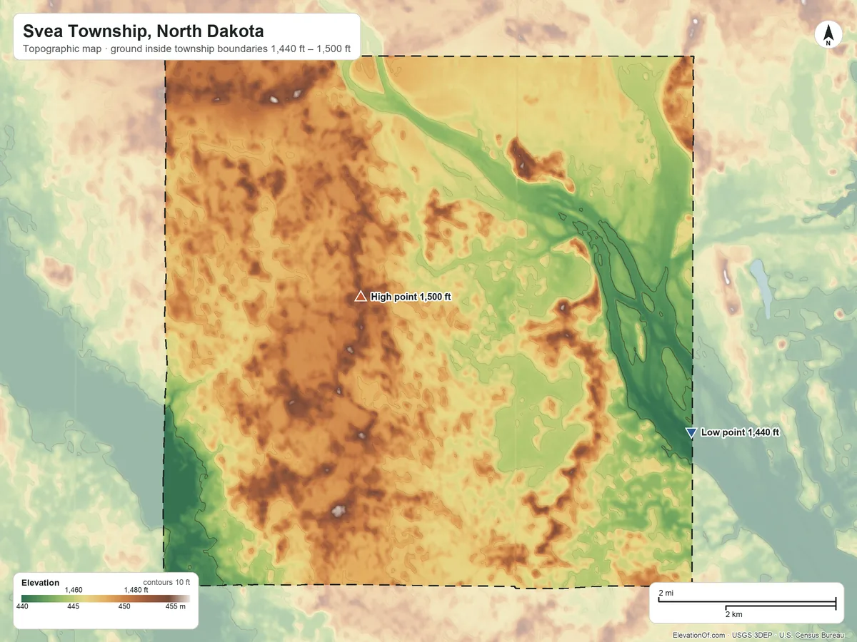 Topographic elevation map of Svea Township, North Dakota, shaded from 1,440 ft on the east side to 1,500 ft on the northwest side