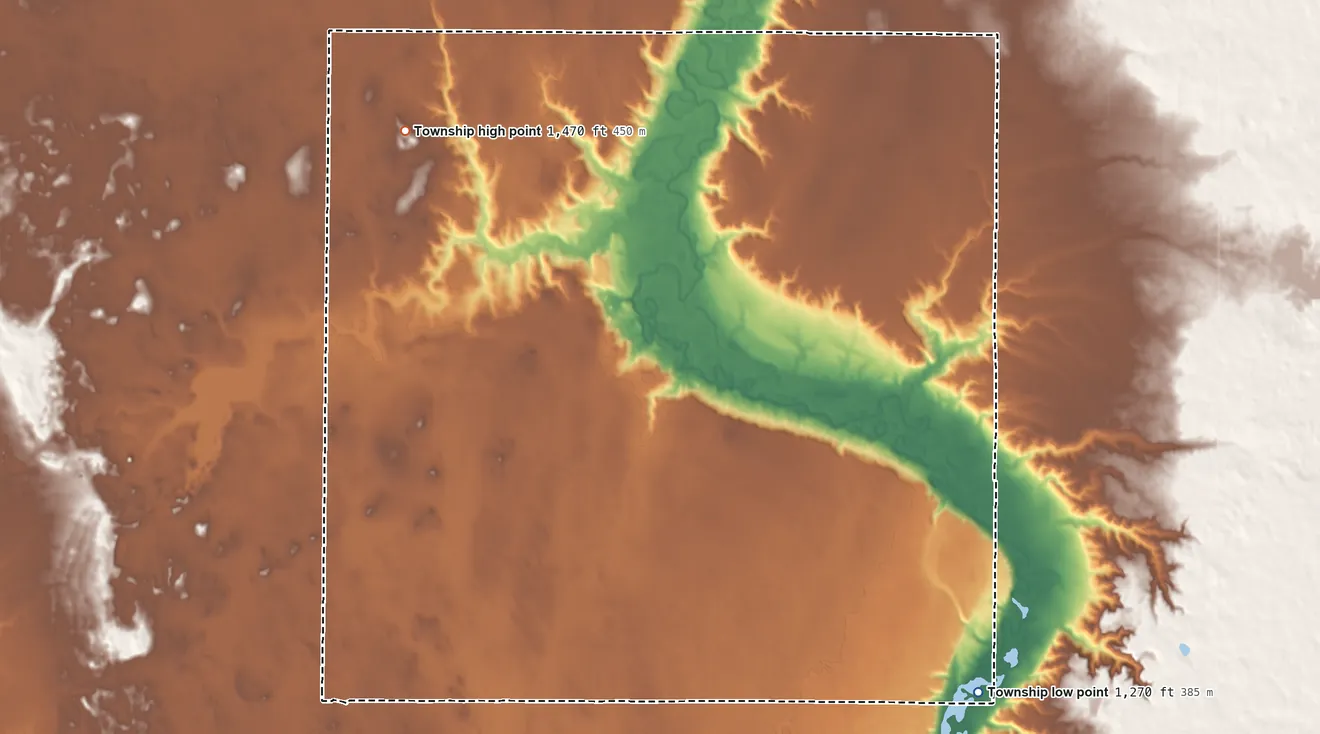 Topographic elevation map of Sverdrup Township, North Dakota, shaded from 1,270 ft on the southeast side to 1,470 ft on the northwest side