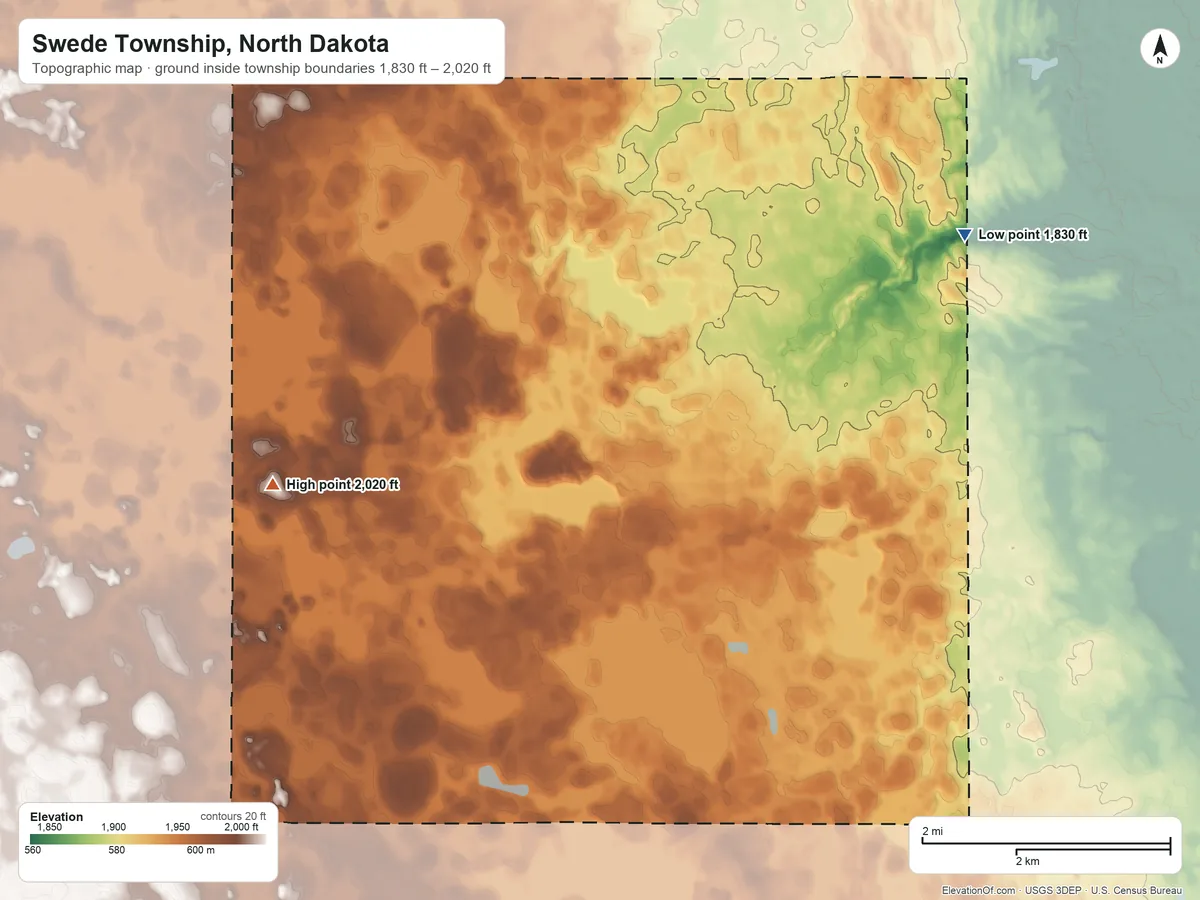 Topographic elevation map of Swede Township, North Dakota, shaded from 1,830 ft on the northeast side to 2,020 ft on the west side