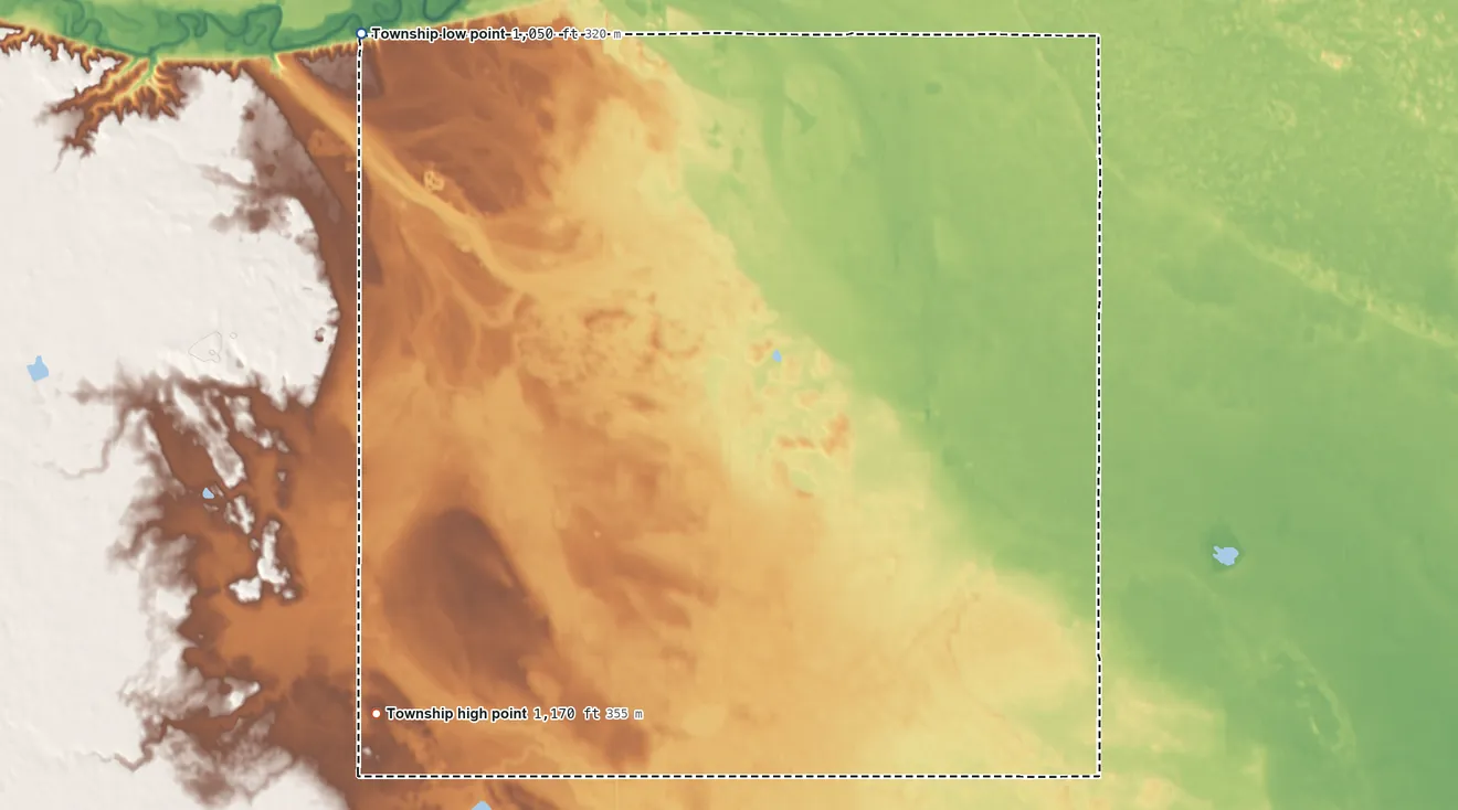Topographic elevation map of Sydna Township, North Dakota, shaded from 1,050 ft on the northwest side to 1,170 ft on the southwest side