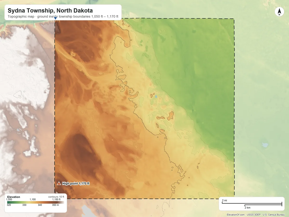 Topographic elevation map of Sydna Township, North Dakota, shaded from 1,050 ft on the northwest side to 1,170 ft on the southwest side