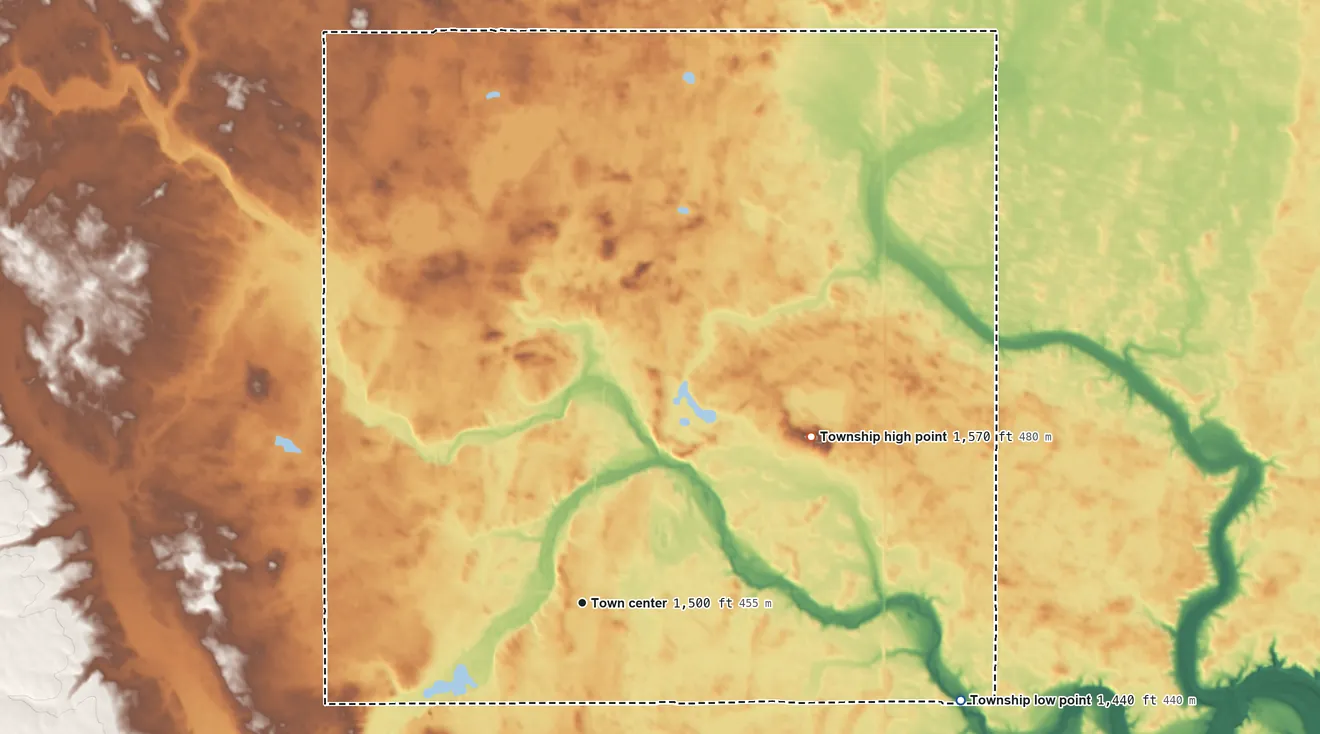 Topographic elevation map of Sydney Township, North Dakota, shaded from 1,440 ft on the east side to 1,570 ft on the northeast side