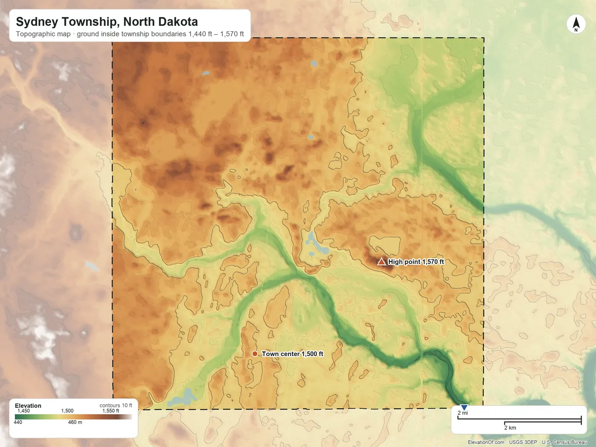 Topographic elevation map of Sydney Township, North Dakota, shaded from 1,440 ft on the east side to 1,570 ft on the northeast side