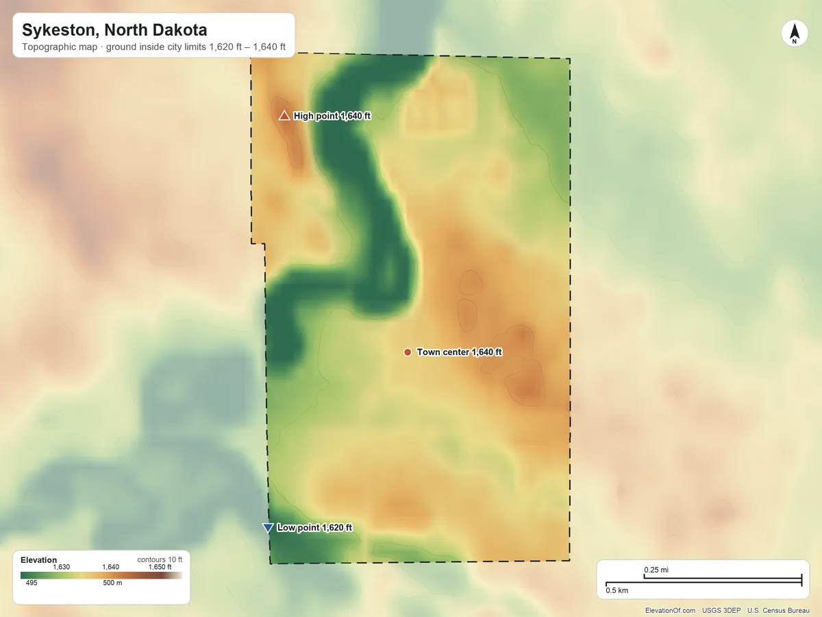 Topographic elevation map of Sykeston, North Dakota, shaded from 1,620 ft on the southwest side to 1,640 ft on the northwest side