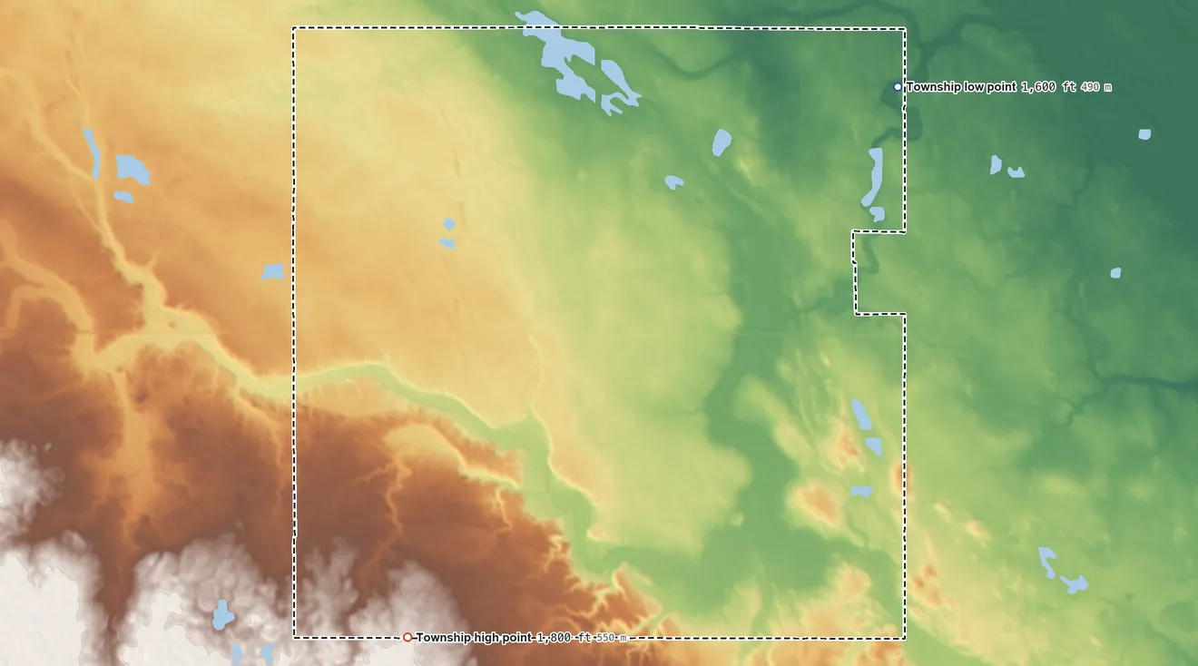 Topographic elevation map of Sykeston Township, North Dakota, shaded from 1,600 ft on the northeast side to 1,800 ft on the southwest side