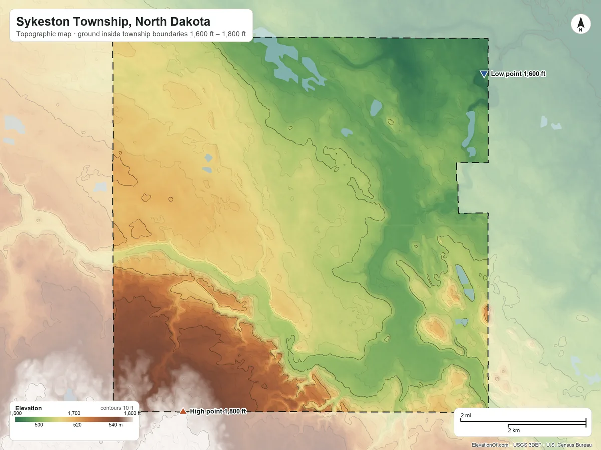 Topographic elevation map of Sykeston Township, North Dakota, shaded from 1,600 ft on the northeast side to 1,800 ft on the southwest side