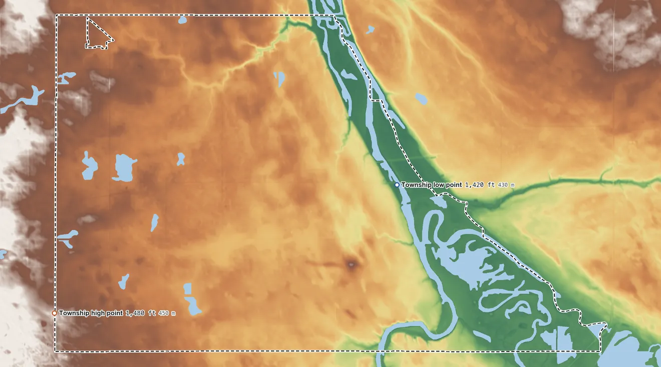 Topographic elevation map of Tacoma Township, North Dakota, shaded from 1,420 ft on the east side to 1,480 ft on the southwest side