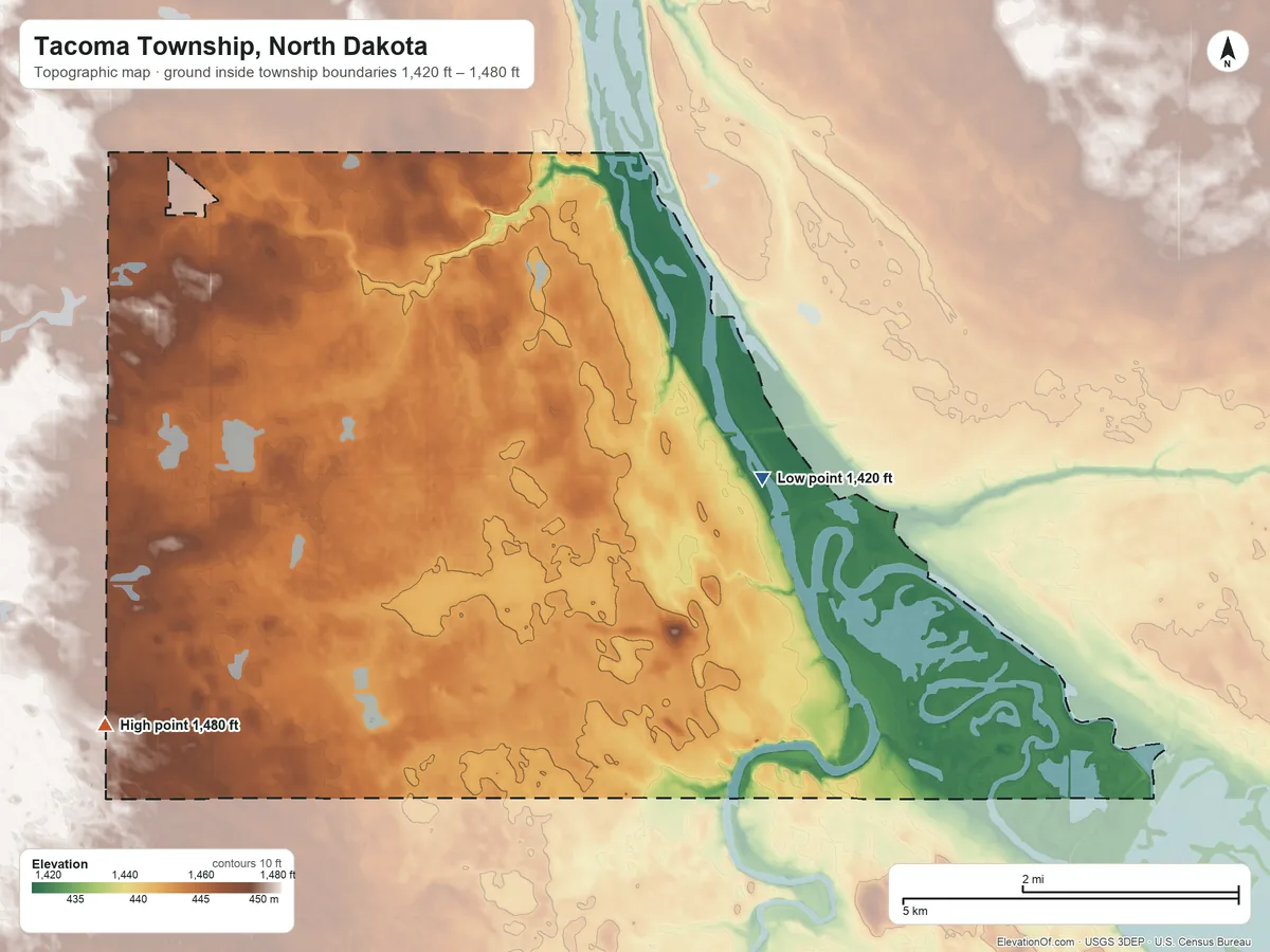 Topographic elevation map of Tacoma Township, North Dakota, shaded from 1,420 ft on the east side to 1,480 ft on the southwest side