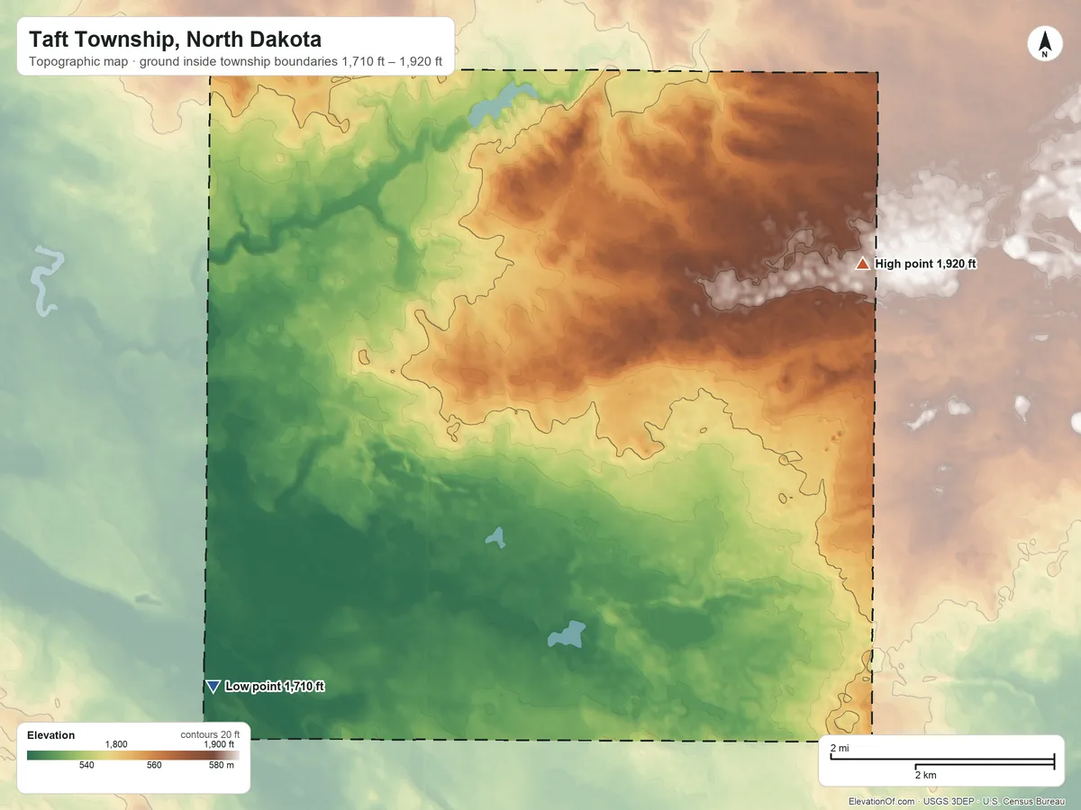 Topographic elevation map of Taft Township, North Dakota, shaded from 1,710 ft on the southwest side to 1,920 ft on the east side