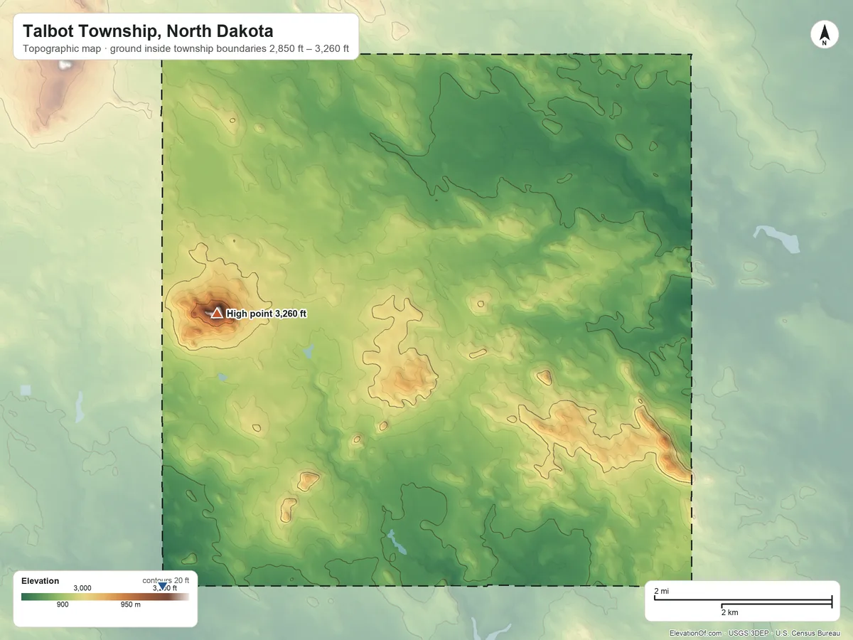 Topographic elevation map of Talbot Township, North Dakota, shaded from 2,850 ft on the south side to 3,260 ft on Talbot Butte